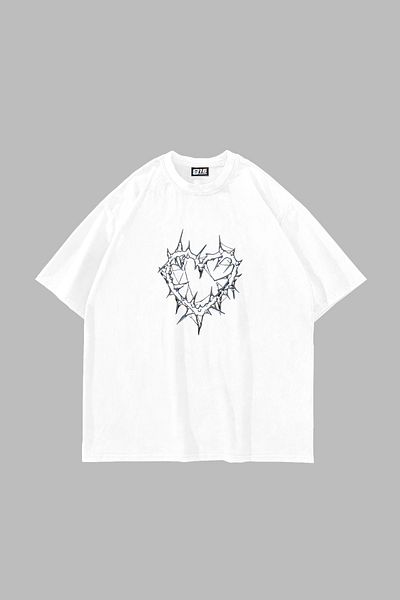 Bak Moda Λευκό μπλουζάκι Unisex με στάμπα με αγκαθωτό καρδιά