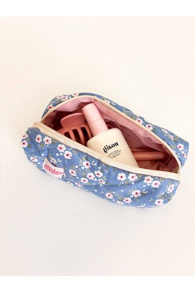 girlsybags Suport pentru creion cu un singur ochi, cu flori albastre, lavabil, cu fermoar, pentru creion pentru școală