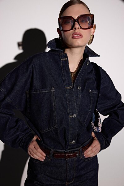 LEVURE Önü Düğmeli Cepli Oversize Kot Ceket