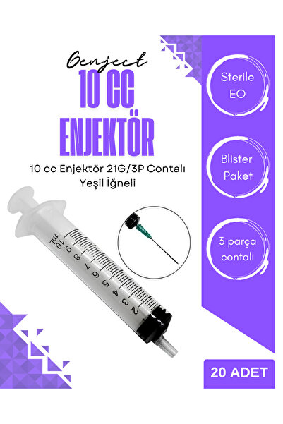 Genject 10cc Enjektör 21G 3Parça Contalı Yeşil İğne uçlu (10 ml Şırınga) 20 Adet
