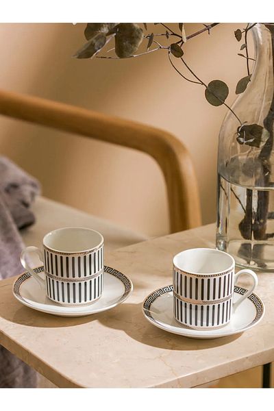 LC Waikiki Minimalist Elegance: Black Striped Coffee Cup Set for 2 People