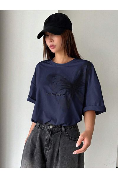 Machetta Plus Size Unisex the Butterfly Printed Oversize 100% Cotton T-Shirt