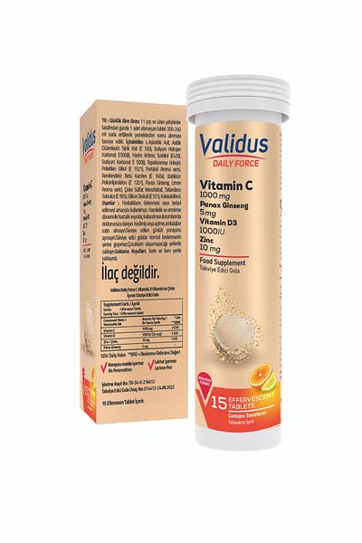 Validus Daily Force - Vitamin C, Panax Ginseng, Zinc and Vitamin D3 Tablets for 15