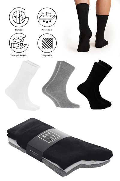 SAYSEZ Bamboo Men's Socks - 3 Pack Premium Black-White-Grey Long Plain Wash Scented Socks
