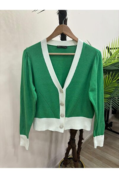 Irmak Kerekli Jewel Buttoned Knitwear Cardigan 5610 Green-Ecru