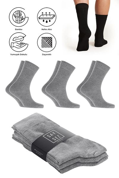 SAYSEZ Bamboo Men's Socket Long Plain Gray Melange Socks Seamless Premium Pack of 3 / Washed Scented Soft Socks