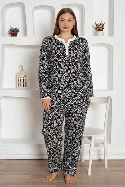 bie's Women's Flower Pattern V Open Collar Buttonless 100% Cotton Combed Thin Summer Long Sleeve Pajamas Set