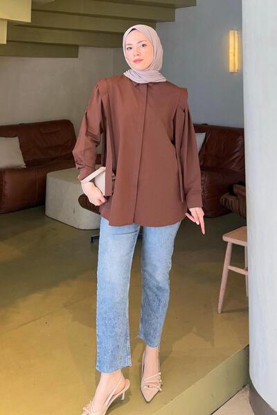 lamelif Πικρό καφέ πουκάμισο με βάτα ώμου με λεπτομέρειες