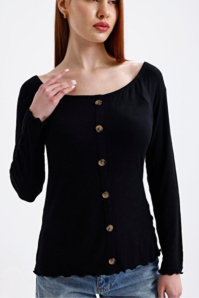Miss Murem Boat Neck Button Front Blouse-Black