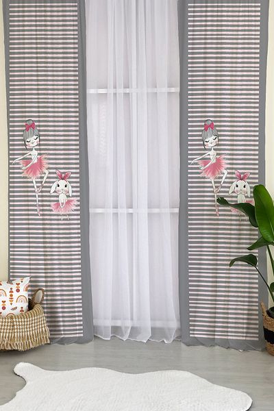 Lolla Ballerina Girl and Rabbit Gray Background Curtain 49