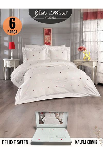Gelin Home Red Satin Double Duvet Cover Set with Hearts