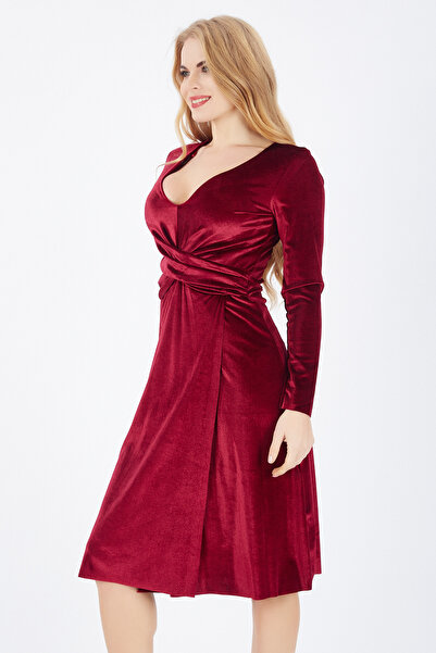 Sense Front Double-breasted U.sleeve Velvet Dress| Elb32410 Claret Red