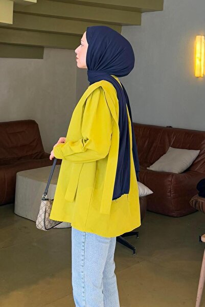 lamelif Λεπτομερές πουκάμισο Hijab με βάτα ώμου Λαδί πράσινο