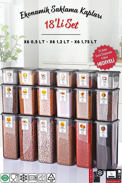 Nandy Home طقم تخزين اقتصادي أنثراسايت مكون من 18 قطعة × 6 - حاوية غير قابلة للكسر، مع ملصق، 1.75/1.2/0.5 لتر