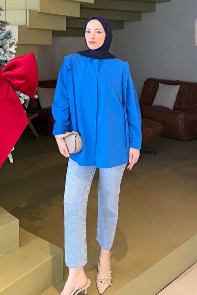 lamelif Λεπτομερές μουσουλμανικό πουκάμισο με βάτα ώμου Saks Blue