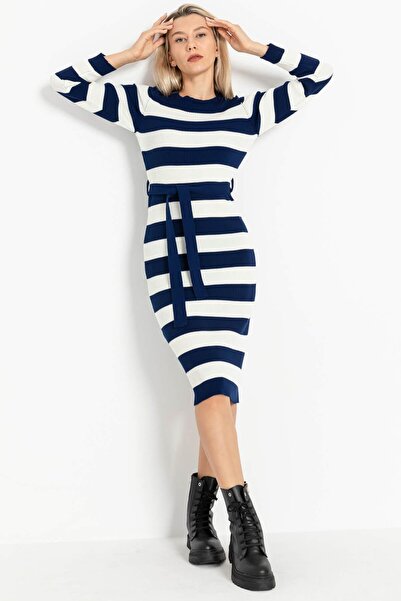 Irmak Kerekli Ribbed Crew Neck Striped Knitwear Dress 5080 Ecru-Navy