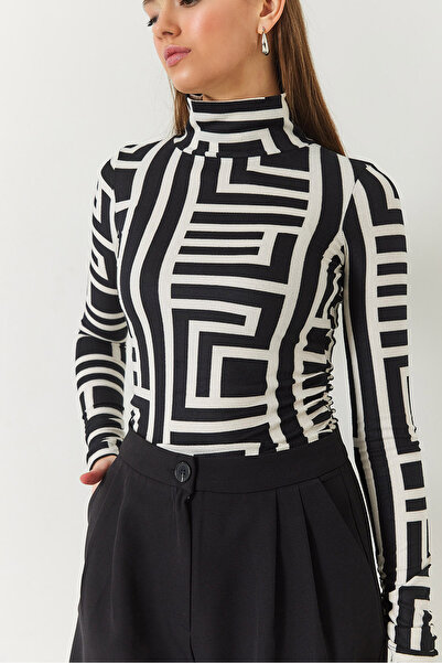 Bianco Lucci Kadın Balıkçı Yaka Uzun Kollu Büzgü Detaylı Desenli Bluz 60261401