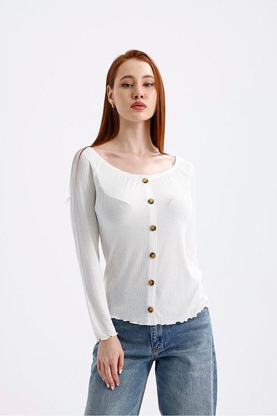 Miss Murem Boat Neck Button Front Blouse-White
