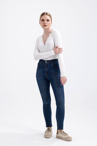 Miss Murem Lace Detail V-Neck Long Sleeve Blouse - Ekru