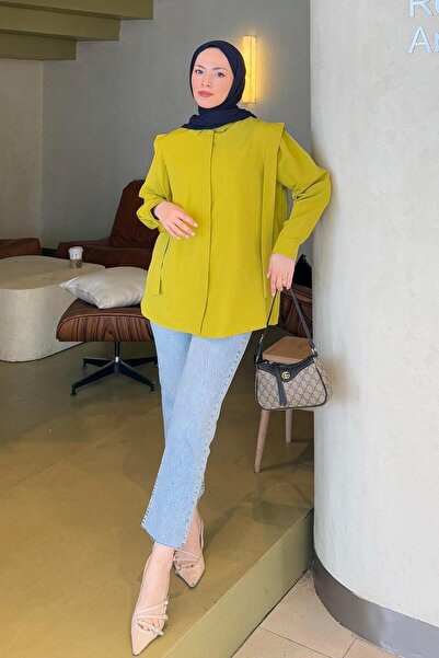 lamelif Λεπτομερές πουκάμισο Hijab με βάτα ώμου Λαδί πράσινο