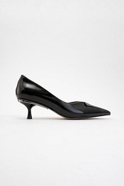 LuviShoes EUPHO Siyah Rugan-Platin Kadın Kısa Topuklu Ayakkabı