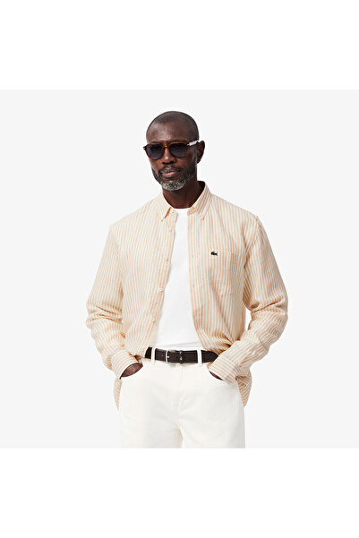 Lacoste Erkek Regular Fit Düğmeli Yaka Çizgili Keten Sarı Gömlek