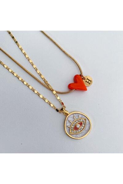 Venus Design Turuncu Nazar Göz Ve Murano Kalp Kolye Seti