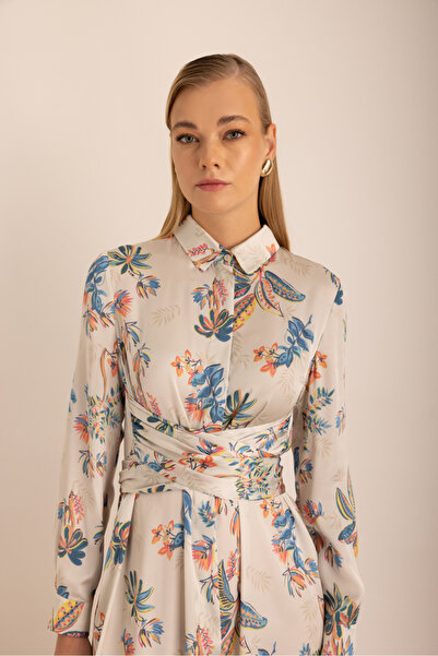 Aker Desenli Bağlama Detaylı Gömlek Elbise