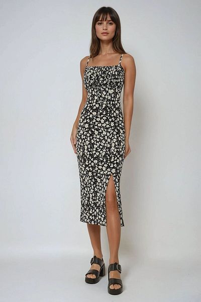 Hiccup Floral Print Bodycon Midi Dress with Slit Detail