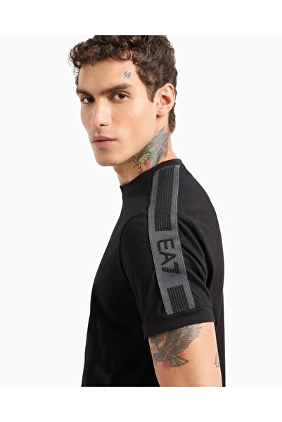 EA7 Ανδρικά ριγέ ρίγες ώμους EA7 λογότυπο κανονική εφαρμογή με στρογγυλή λαιμόκοψη κοντομάνικο μαύρο μπλουζάκι 7M 000138