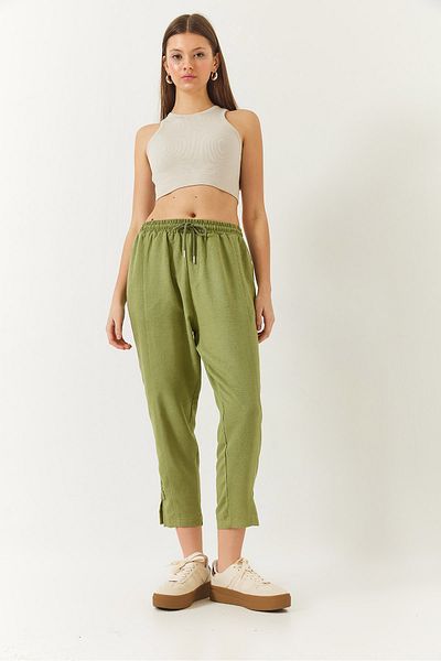 Bianco Lucci Damen-Hose aus Leinen mit elastischem Bund und detaillierter Tasche und Karottenbesatz 60261419
