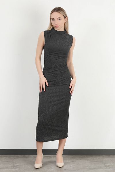 GİYSA Rochie de damă cu textura antracit cu guler vertical și detaliu cu șnur - MS 0000588