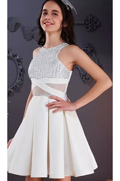 lindababykids Kızçocuk abiye ekru kısa krep transparan ve taşlı model