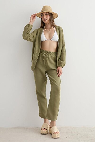 TENA Γυναικείο παντελόνι μουσελίνας με ελαστική μέση χακί καρότο