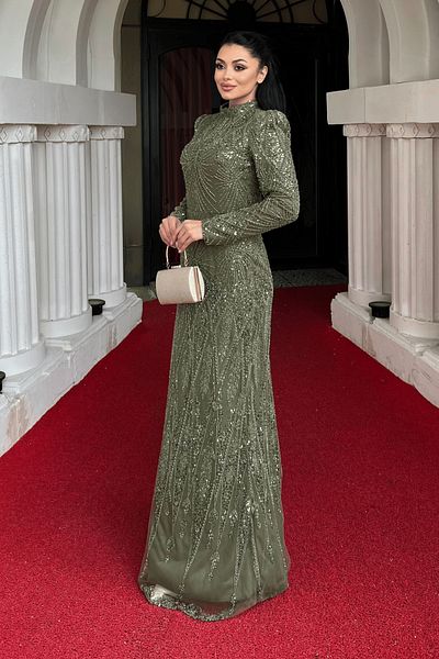 giyimmasalı Full Bead Fabric Design Evening Dress - Khaki Green