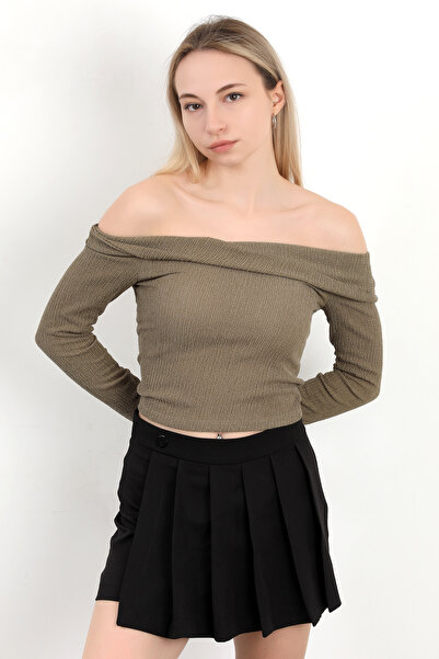 GİYSA Women's Madonna Collar Long Sleeve Wrap Blouse Khaki - Ms 0000589