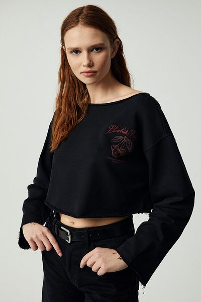 GRIMELANGE Caribou Women's Asymmetrical Neckline Rasterless One Off Shoulder Printed Black Sweatshirt