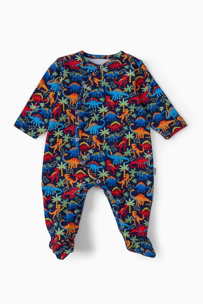 Boumini Navy Blue Dinosaur Patterned 2-Piece Baby Romper - Cotton Booties