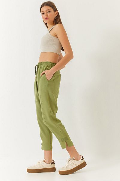 Bianco Lucci Damen-Hose aus Leinen mit elastischem Bund und detaillierter Tasche und Karottenbesatz 60261419