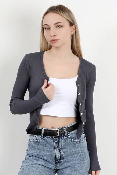 GİYSA Anthracite Long Sleeve Camisole Women's Bodysuit - Buttoned Ms 0000501