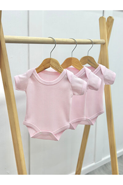 %100 Organik Pamuk 3lü Pembe Raporlu Kısa Kollu Bebek Body