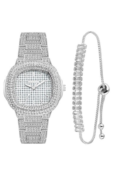 Forentina Gri Taşlı Kol Saati-Baget Bileklik Kombin Set PS3925