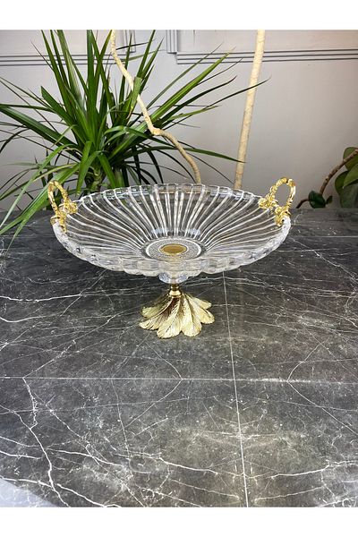 MAY HOME Glass Presentation Bowl with Handle - Metal Leg