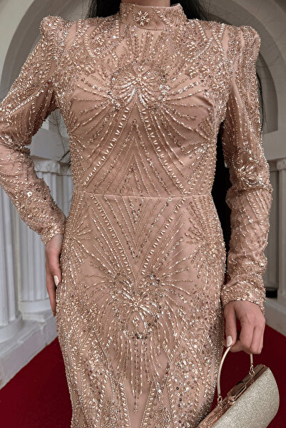 giyimmasalı Full Bead Fabric Design Evening Dress - Bronze