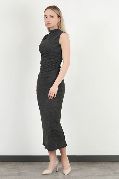 GİYSA Rochie de damă cu textura antracit cu guler vertical și detaliu cu șnur - MS 0000588
