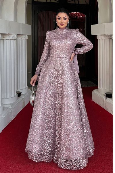 giyimmasalı Beaded Fabric Satin Detailed Evening Dress - Pudra