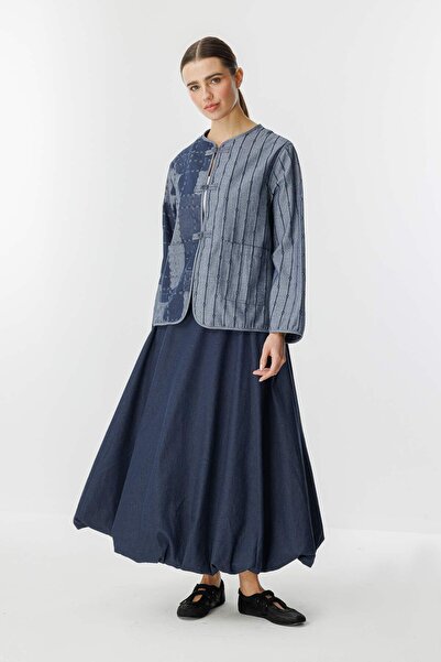 Hooopstore Patterned Denim Textured Navy Blue Jacket