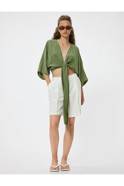 Koton Oversize Crop Top s detailem kravaty s výstřihem do V