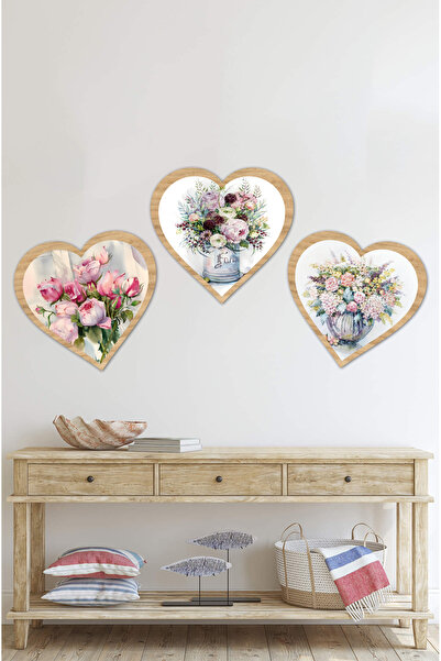 kutuTR Kalp Şeklinde Çiçek Desenli 3'lü Ahşap Tablo Seti KT3002