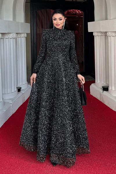 giyimmasalı Beaded Fabric Satin Detailed Evening Dress - Black